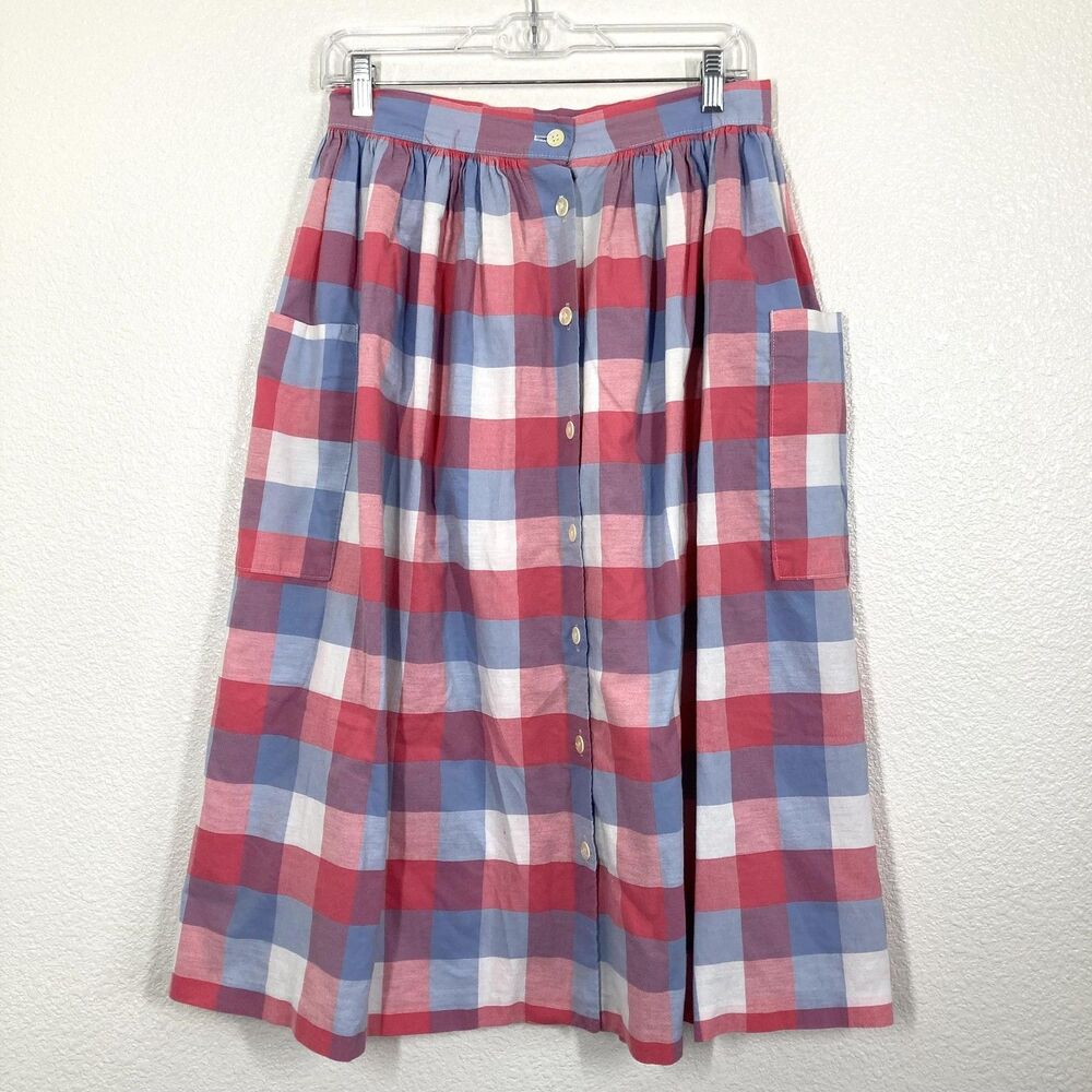 80s Russ Skirt Womens Medium Red Blue Plaid Cotton Button Front Pockets 8